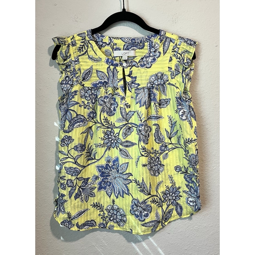 LOFT Women's Blouse XS Birhgt Yellow & Blue Floral Print Ruffle Sleeve Keyhole